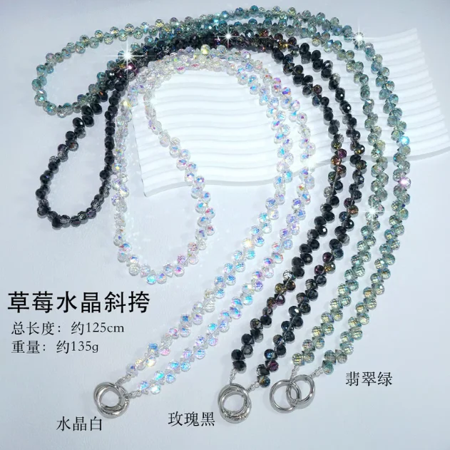 Premium-look crystal phone case with beaded crossbody strap/chain; long chain suitable for CCD cameras or phones.