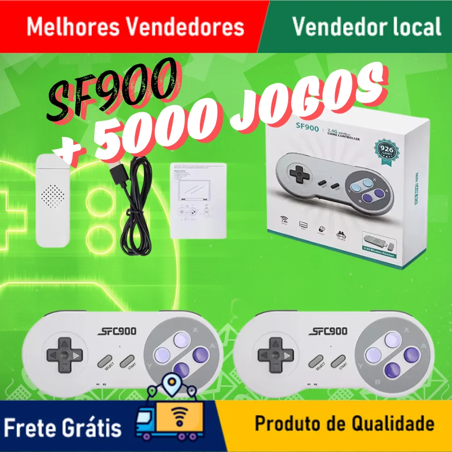 SKYTUR SF900 Game Stick + 5000 Jogos HDMI 2 Players Jogadores Diversos Jogos Retro 2 Controles Pilhas Diversão Crianças Adultos