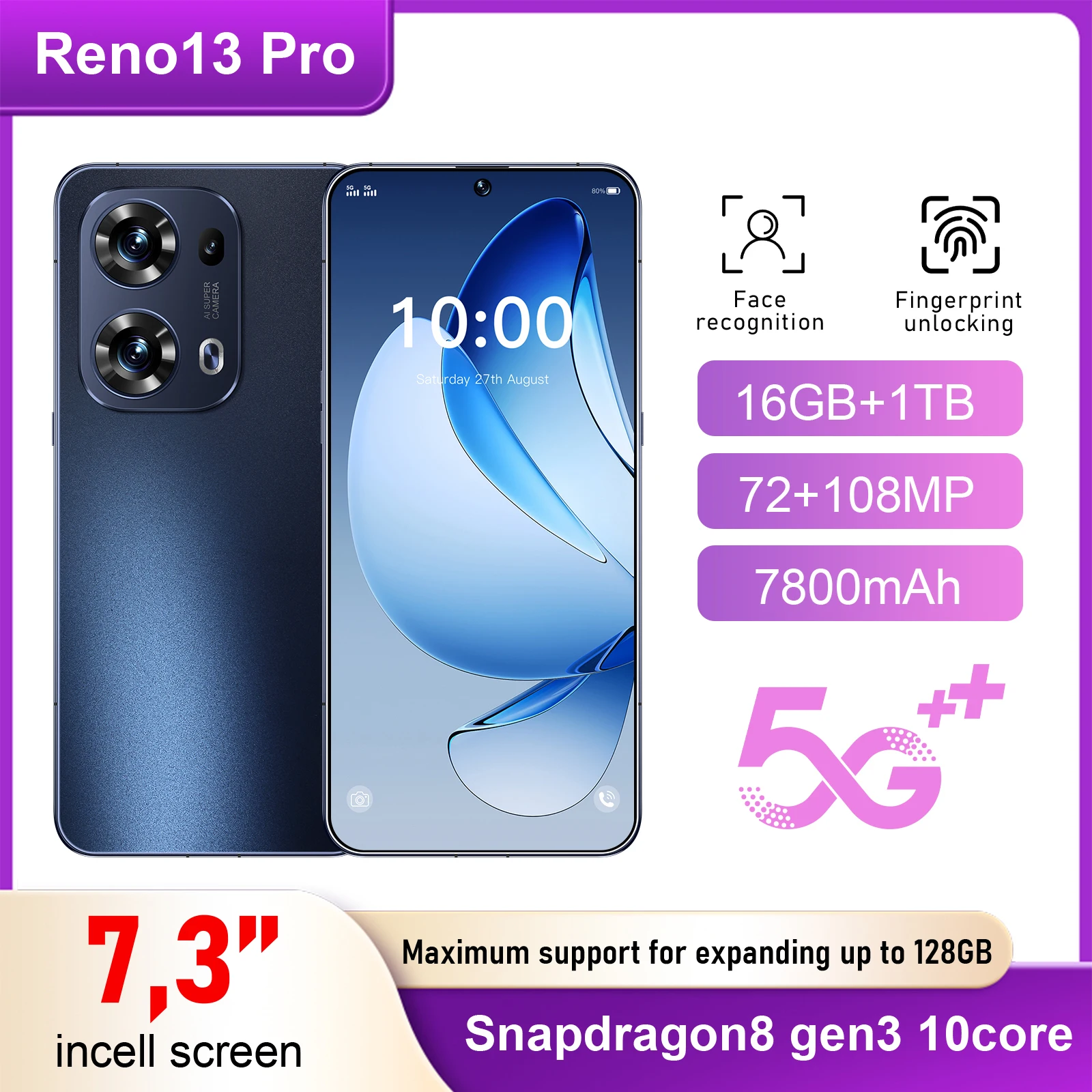 

Reno 13 Pro Tablet PC Original 22GB+2TB Global Edition Smart 5G Dual Card 7800Mah Android 15 Facial Recognition Function Tab