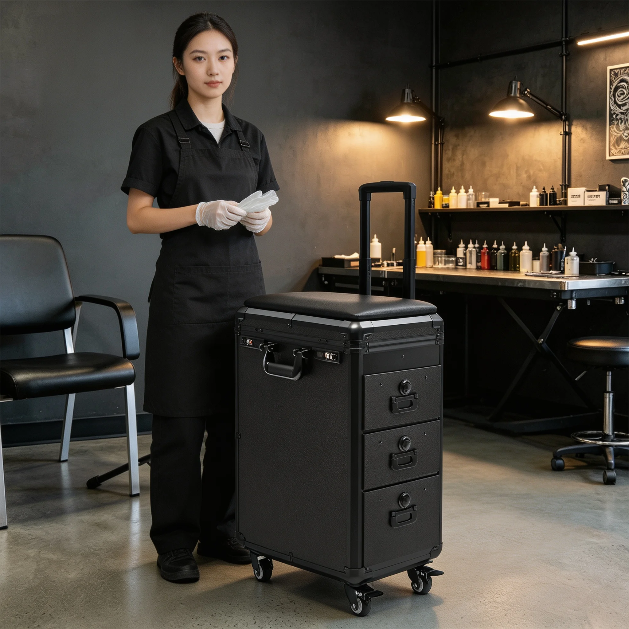 Valise de Maquillage à Roulettes avec Panneau Acrylique, 4 Roues Universelles, Serrure à Combinaison, Grande Capacité pour Tatouage, Nail Art, Coiffure, Maquillage Professionnel et Voyage