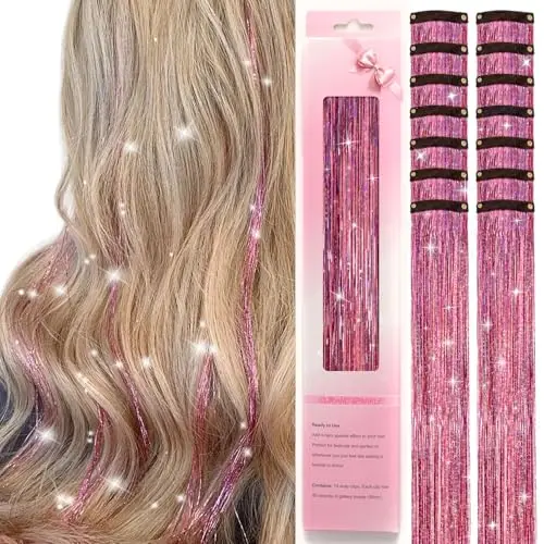 12Pcs Glitter Fairy Tinsel Hair Extensions 20 Inch Shiny Hair Tinsel Heat Resistant Sparkly Strands Hair Accessories Halloween