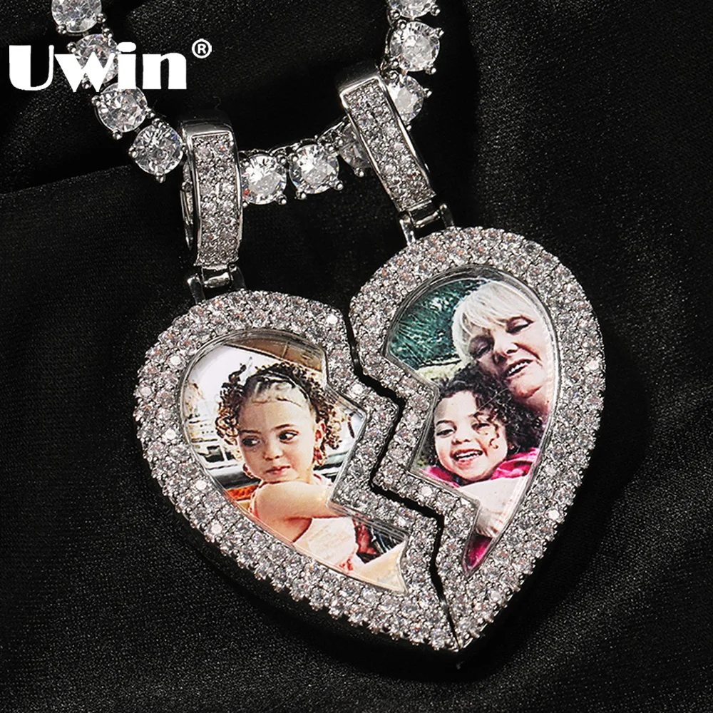 

UWIN Broken Heart Medallion Picture Pendant Necklaces Iced Out CZ Half Magnetic Heart Charms Fashion Jewelry for Lovers