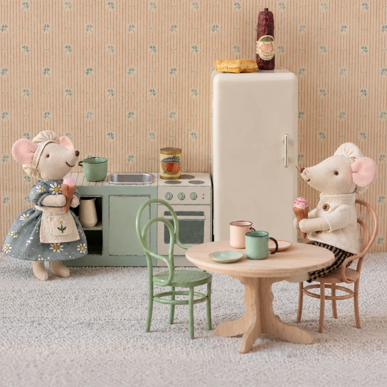 Handcrafted Mouse Plush Doll in Floral Dress and Classic Outfit, Vintage Style Soft Stuffed Animal Toy for Nursery Decor and Gif