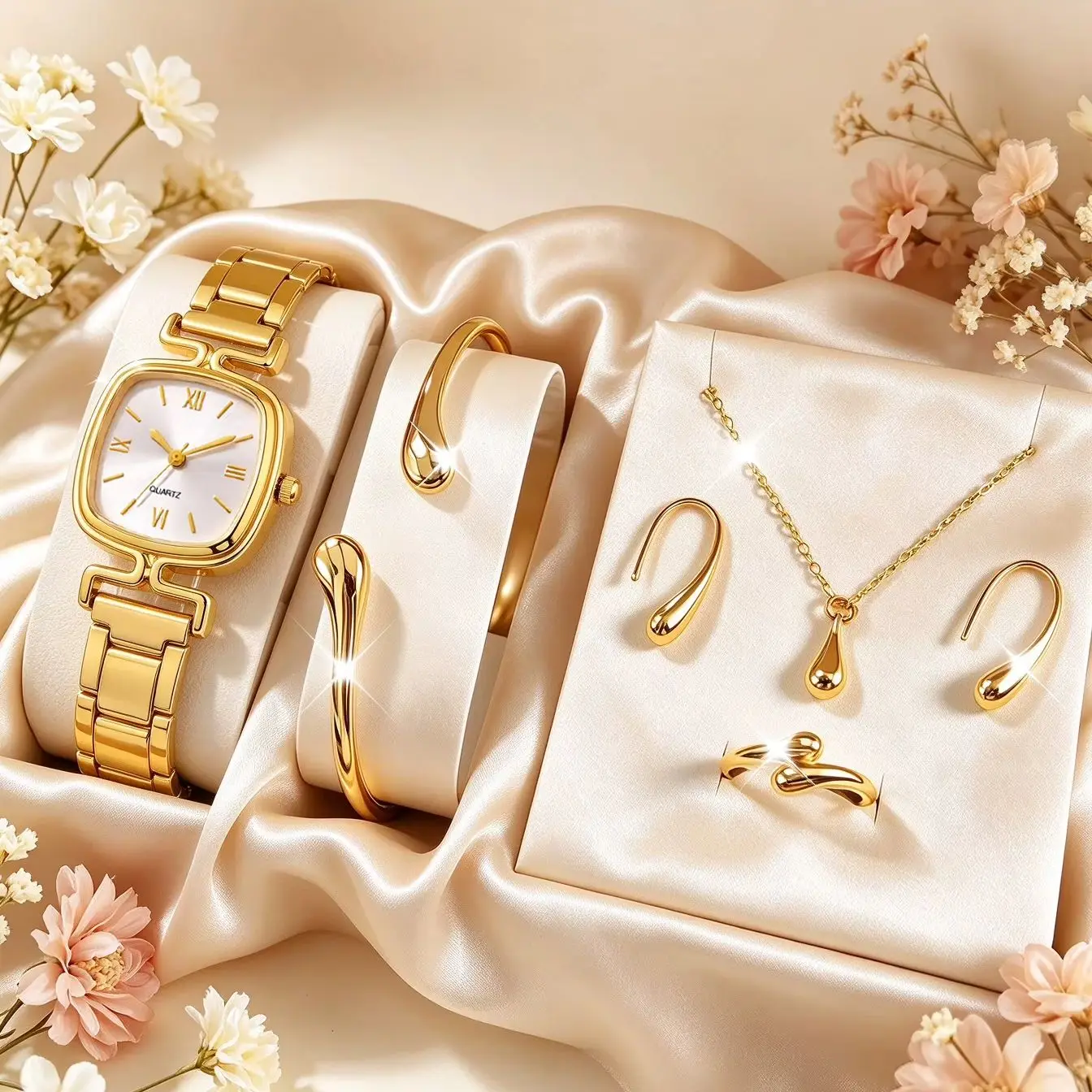 6-Piece Set of Women's Gift Watches, Light Luxury Exquisite Quartz Wristwatch + Exquisite Water Drop Series Jewelry Set, Suitable for Wearing at Festivals, Parties and Other Occasions, and a Perfect Choice for Gifting