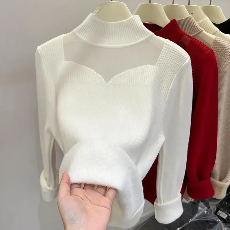 Damen halbhohen Kragen dicken Pullover Winter 2024 neue pendeln einfarbige Patchwork Gaze Langarm