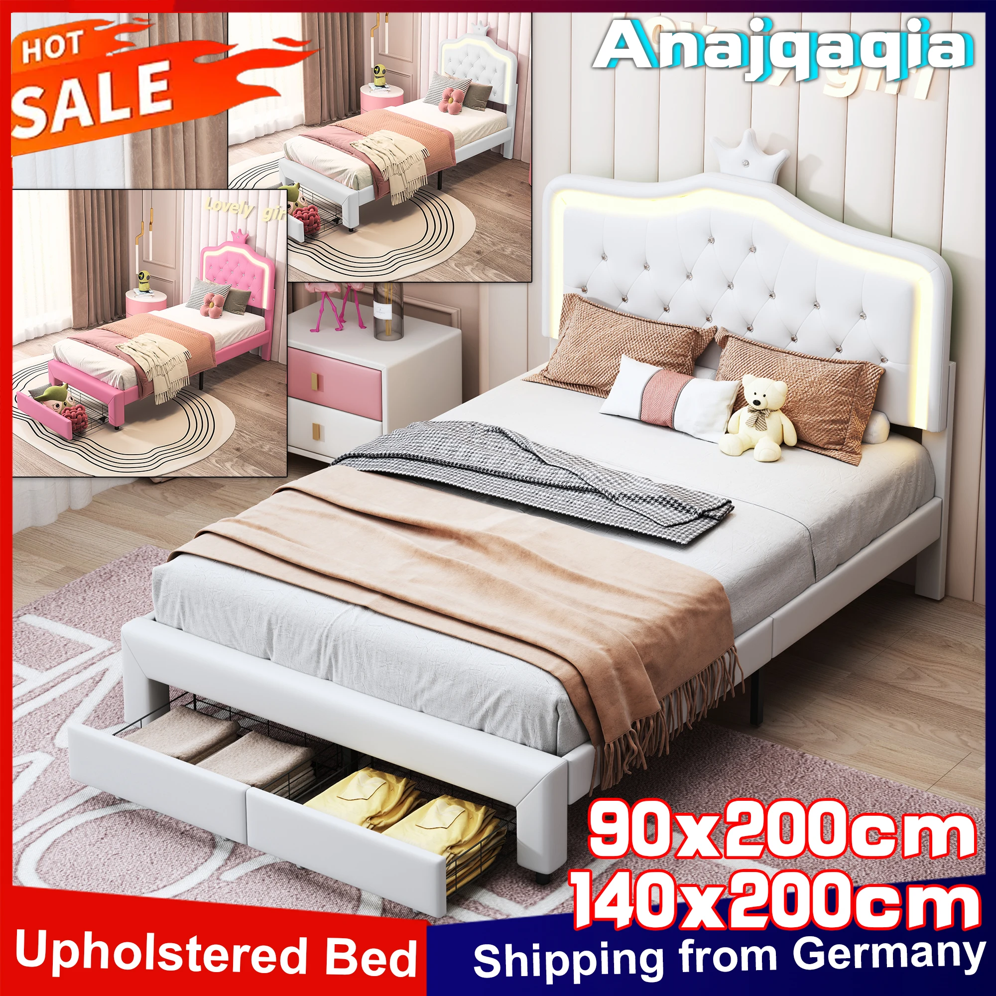 Anajqaqia Kinderbett, gepolstertes Bett mit LED-Licht und Schubladen, verstellbares Kronenkopfteil, gepolstertes Bett, Bettrahmen, PU-Leder