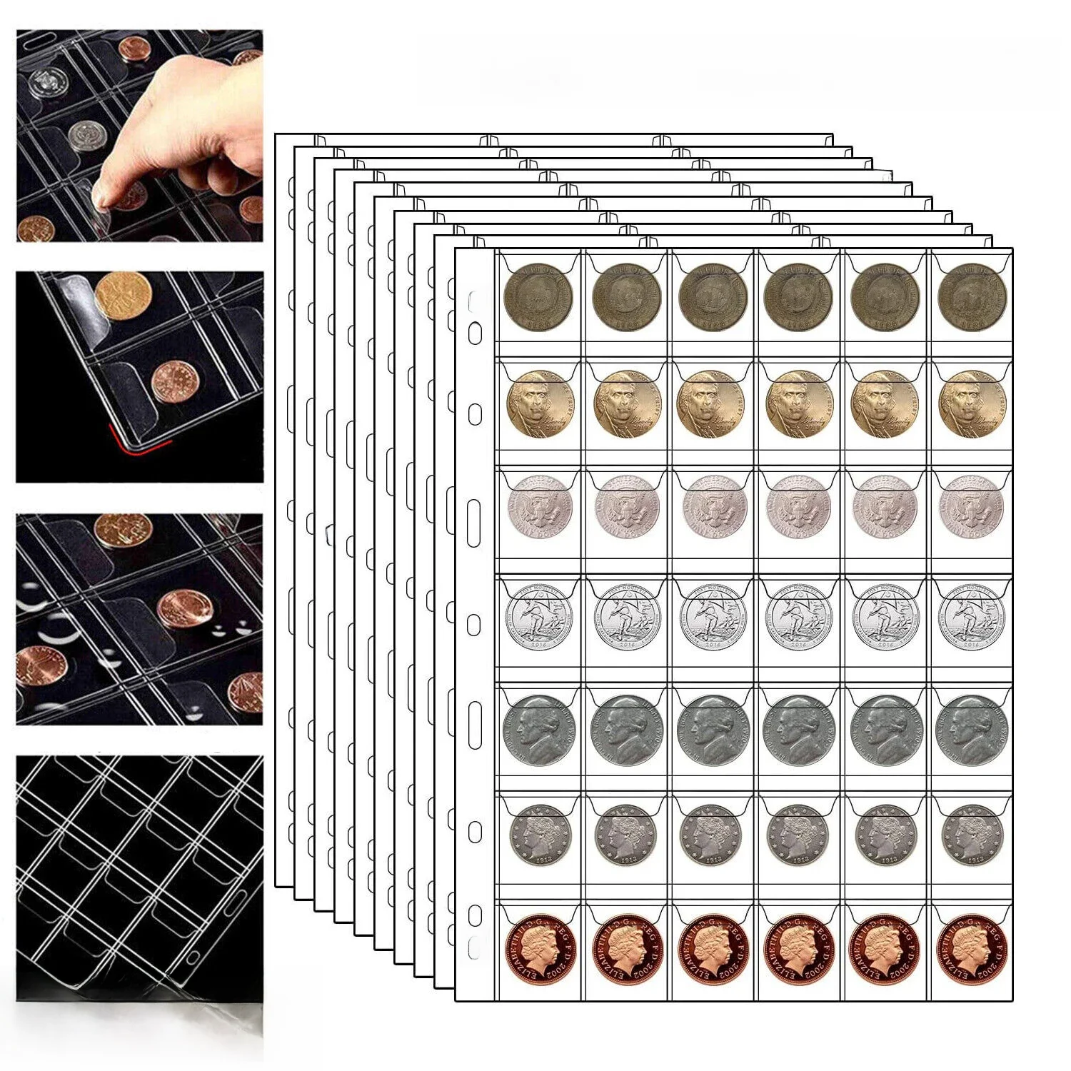 Pages de pièces de monnaie à 42 poches pour collectionneurs, Pages de Collection de pièces à 9 trous, fournitures de collecte de pièces, manchons pour pièces de monnaie, Badges de timbres