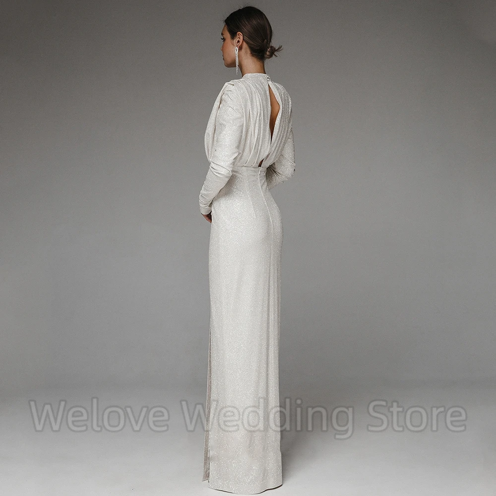 Chic High Neck Shiny Evening Dress Pleat Long Sleeve Straight Floor Length Sexy Side Slit Women Party Elegant Backless Gowns