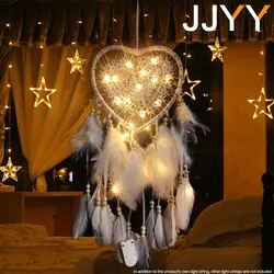 JJYY Peach Heart Dream Catcher Decoration Pendant White Feather Handmade Home Decoration Wall