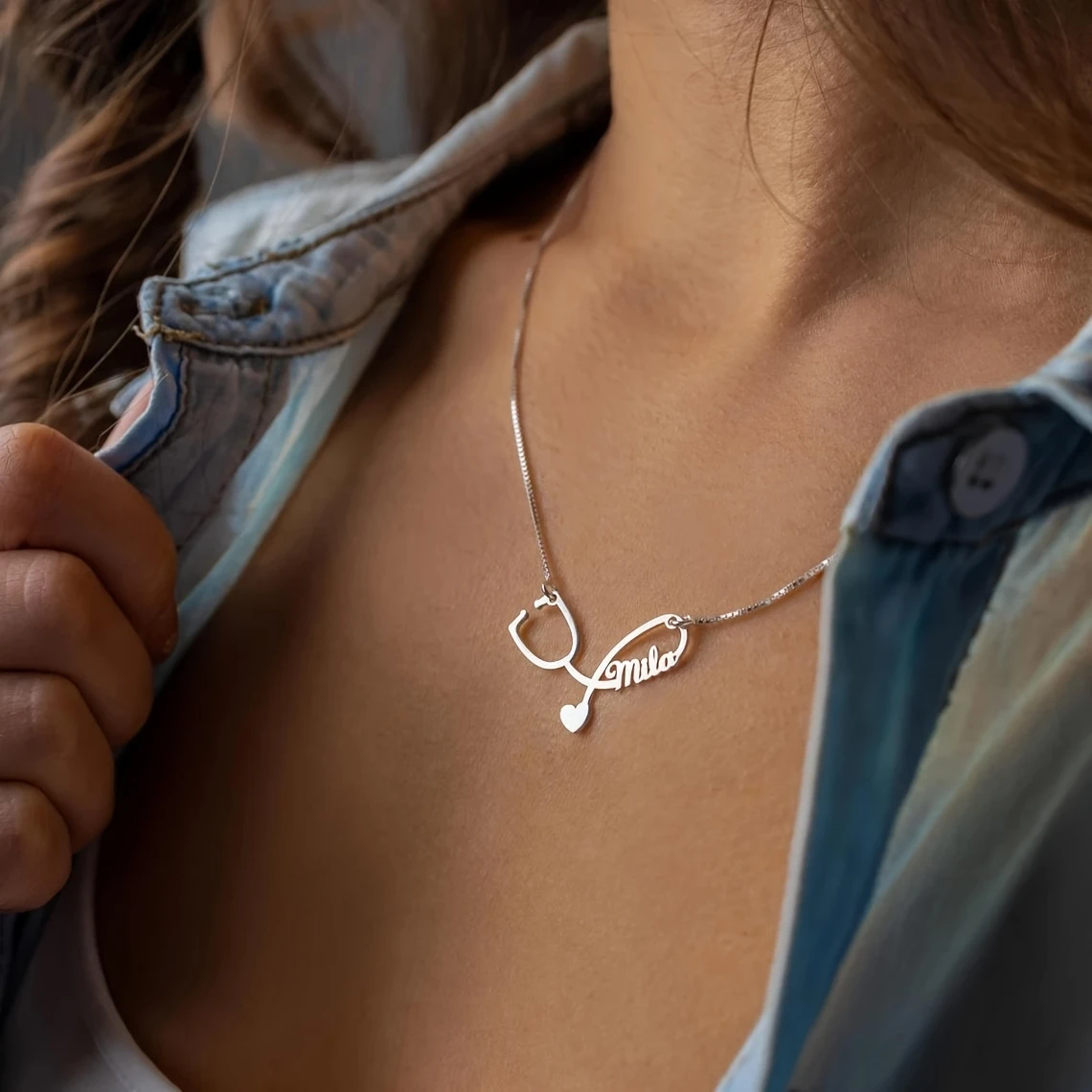 Custom Stethoscope Name Necklace Stainless Steel Engraved Minimalist Jewelry, for Nurses Doctors Nurse's Day Casual Accessory view 3