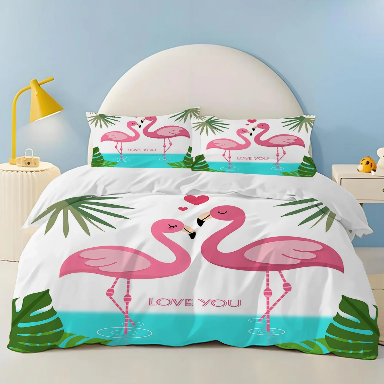 Green plants, flamingos Anime Bedding Set Duvet CoverPolyester Suitable For Children And Adults 3-Piece Set