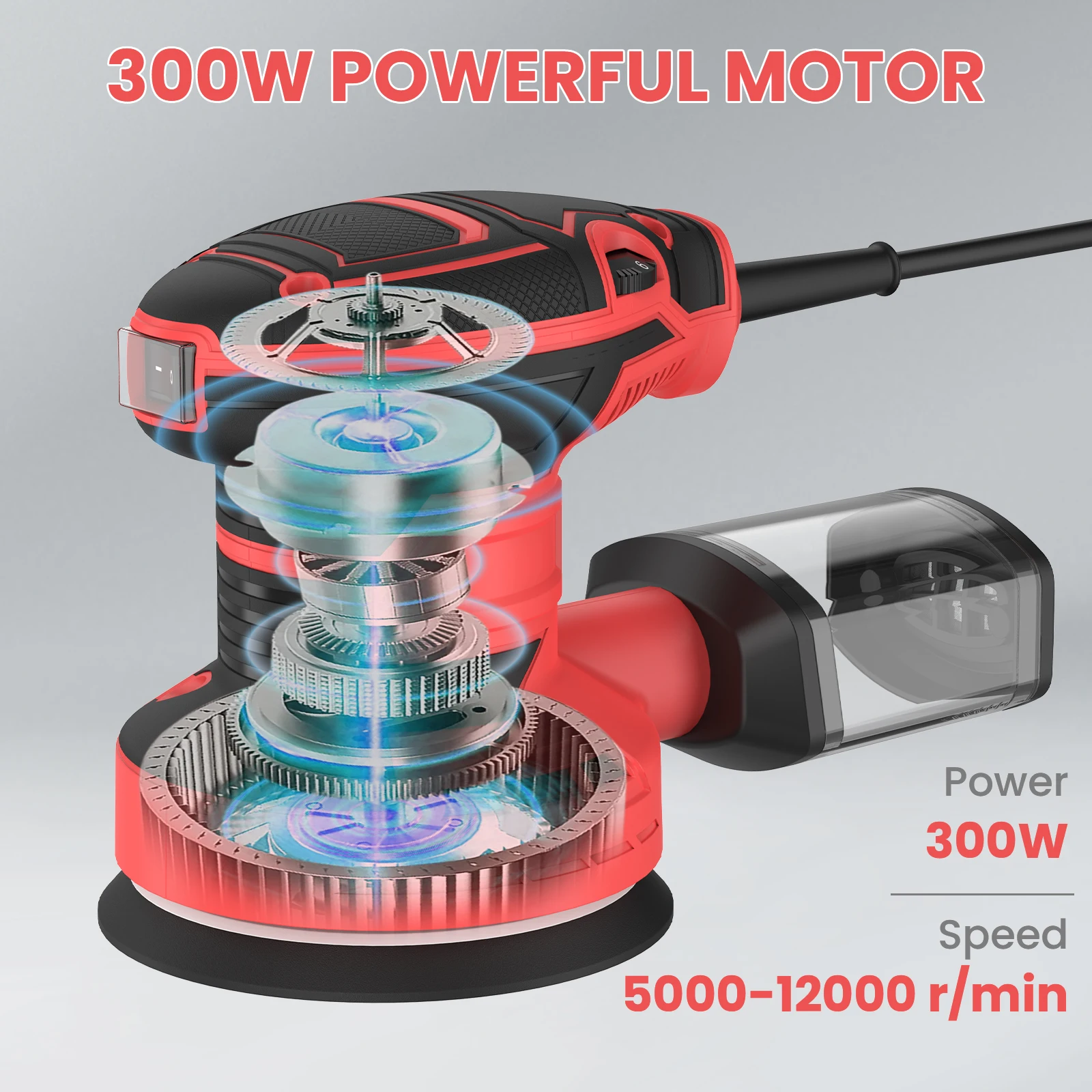 300W Elektrischer Exzenterschleifer mit 6 Geschwindigkeitsstufen, 5 Zoll Holzschleif- und Autopoliermaschine mit Staubbox und Selbstklebepad – Detail 1