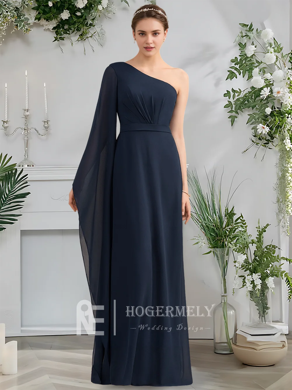 

A Women Dark Navy One Shoulder Floor-Length Chiffon Bridesmaid Dresses With Ruffles For Wedding Party Gown Evening Guest 2025