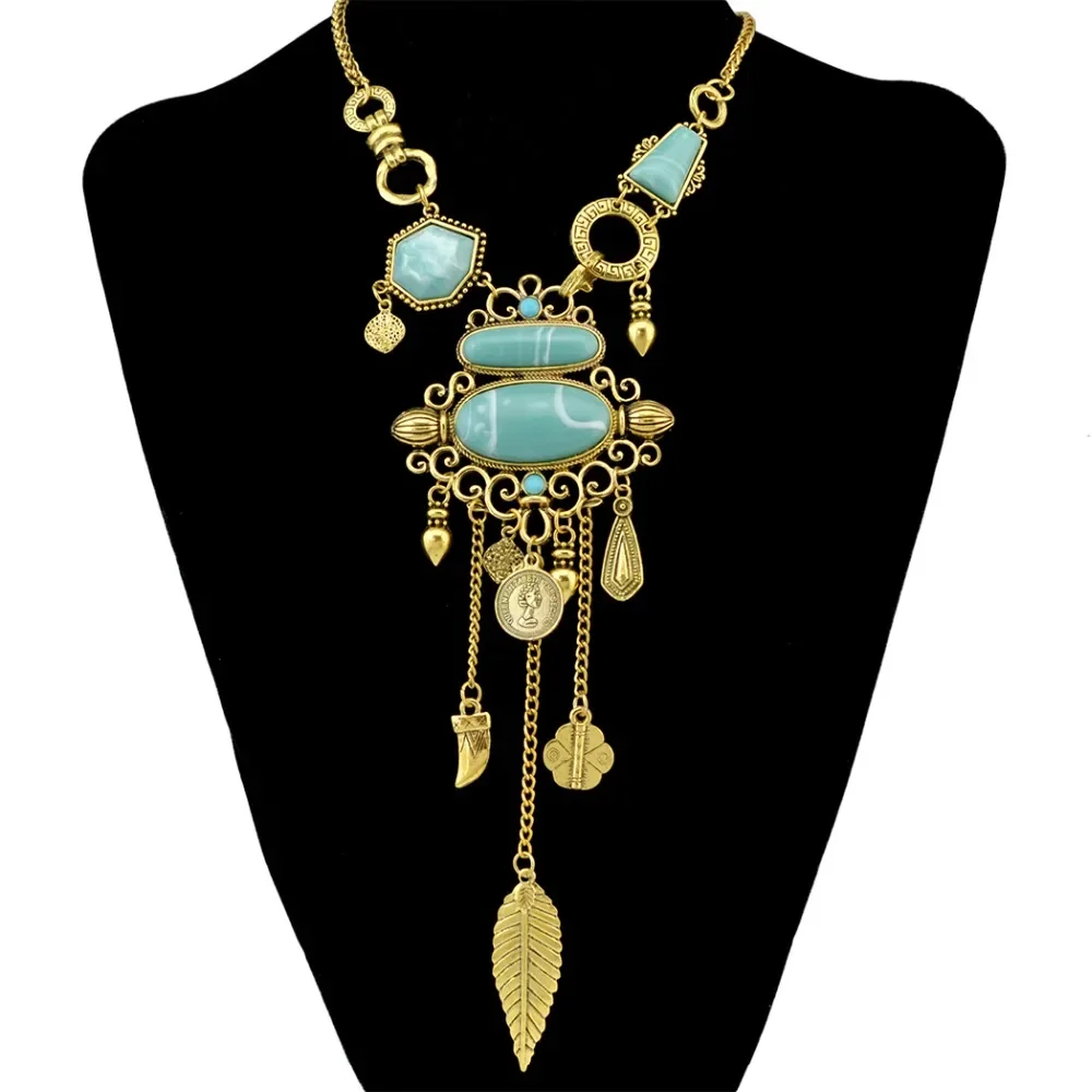 Collier bohème Femme gland Maxi pièce de monnaie cou chaîne turc vert pierre pendentif femmes bavoir Collier déclaration Collier gitane bijoux