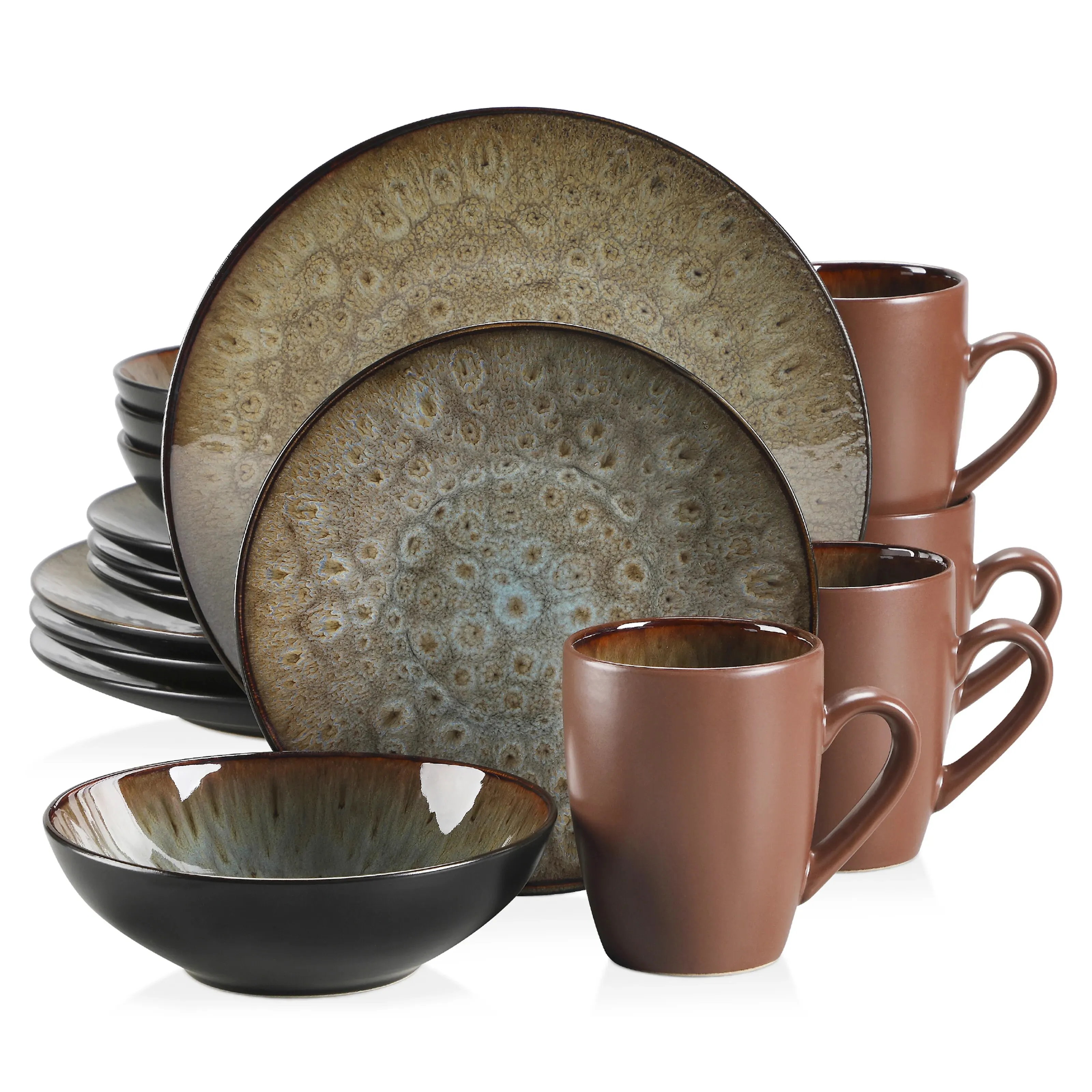 VANCASSO BUBBLE 16/32/48-Piece Tableware Set Vintage Ceramic Brown Stoneware Set with Dinner/Dessert Plate,Bowl,Coffee Cups