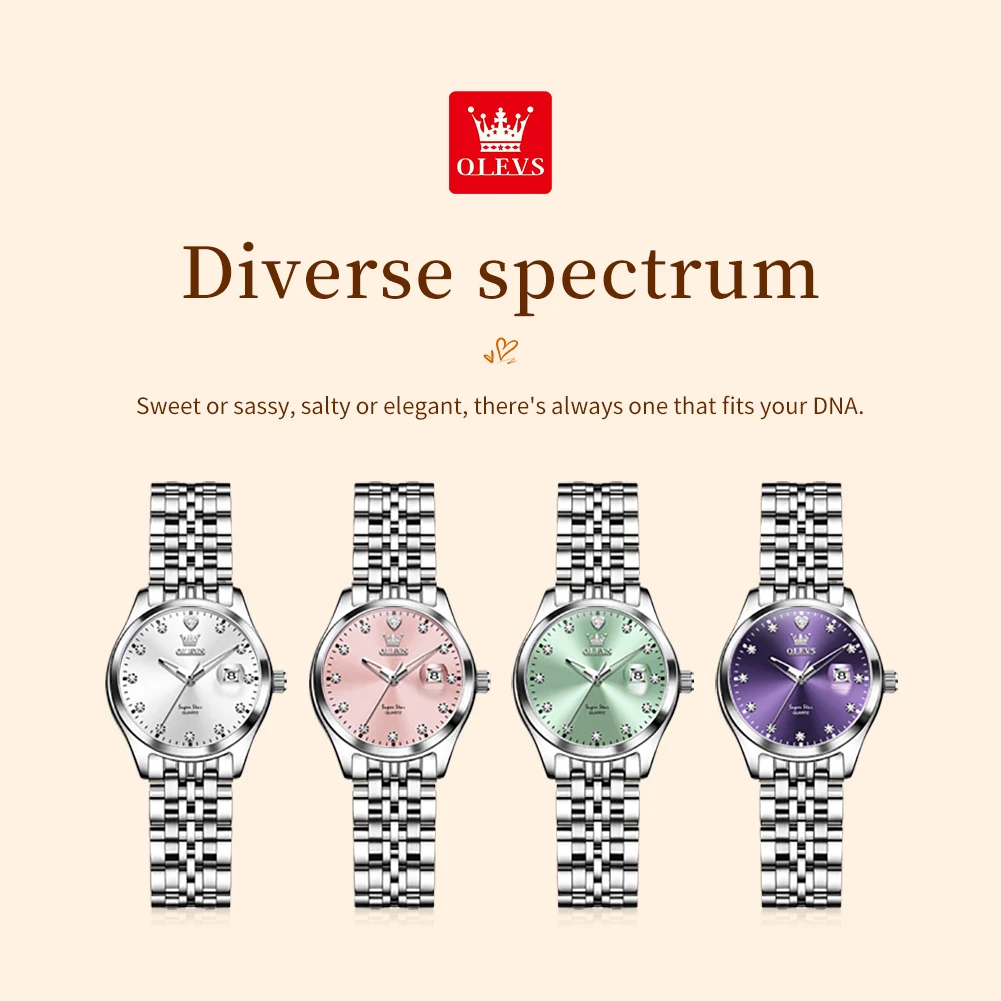 OLEVS 5649 ساعة كوارتز عصرية للنساء، تاريخ مضيء، حزام من الفولاذ المقاوم للصدأ، مقاومة للماء، ساعة أنيقة للسيدات