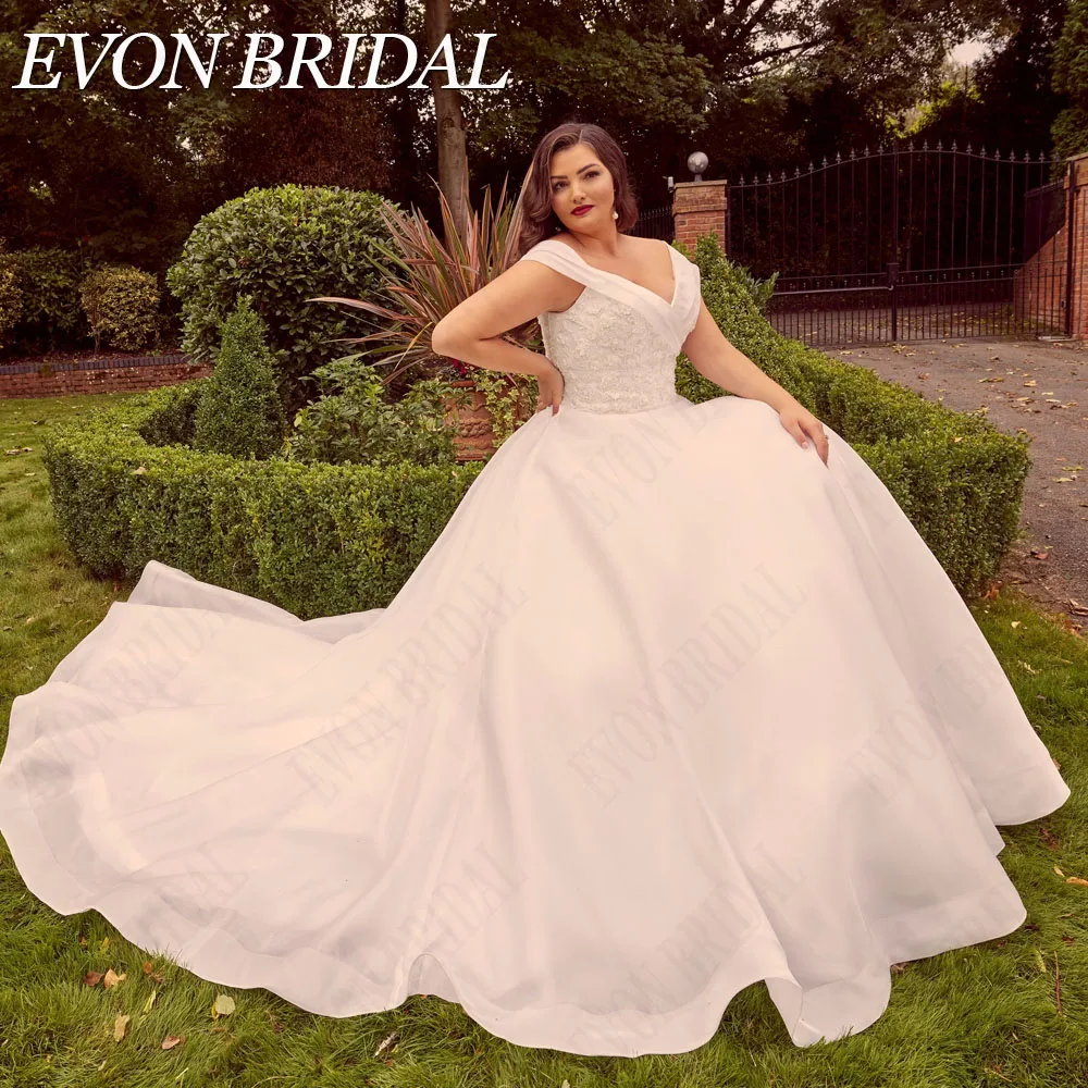 

EVON BRIDAL Organza Off Shoulder V-Neck Wedding Dress Lace Applique Bridal Gown Exquisite A-Line Vestidos De Novia Talla Grande