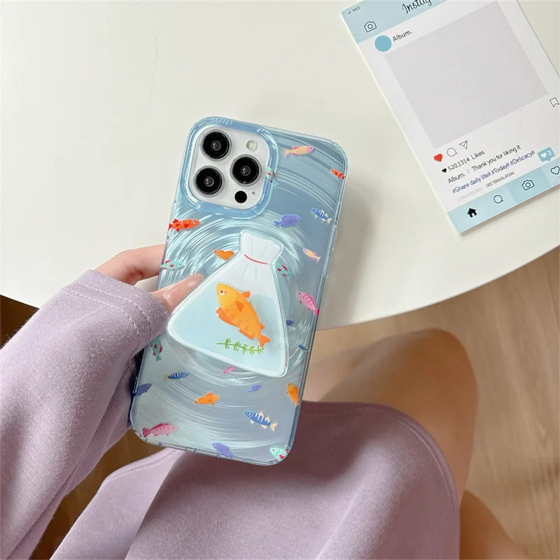 

Korea Blue Ocean color Fish Whirlpool pattern phone case for iPhone 16 15 14 Pro 13 Pro Max 16 Pro rotating stand shock cover
