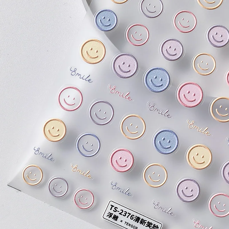 1PCS 5D Cute Smiling Face Nail Stickers Embossed Japanese Kawaii Macaron Nail Art Self-Adhesive Decorations Accessories Decals