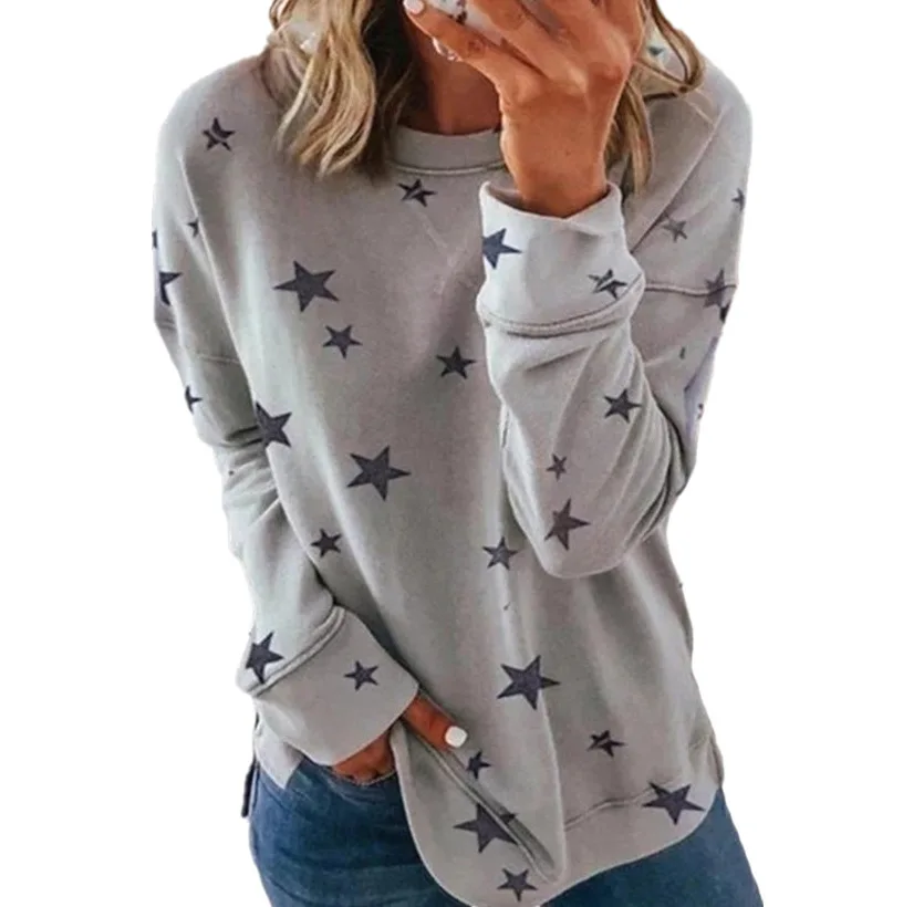 European and American Womens Fashion Star Print T Shirt Long Sleeve O Neck Tops Casual Tee Shirt Streetwear