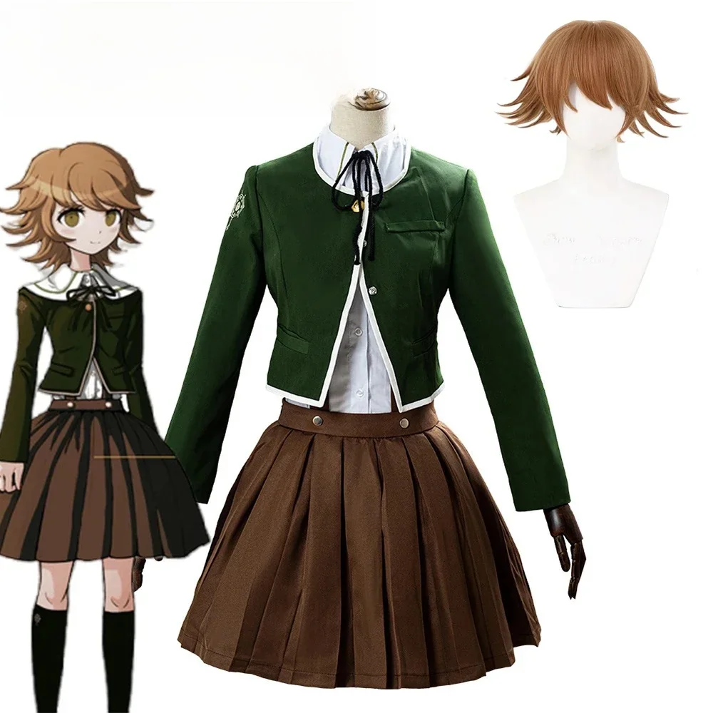 Costume de Cosplay Anime Danganronpa Chihiro Fujisaki, perruque, uniforme JK, jupe plissée marron, Costumes d'halloween pour femmes adultes