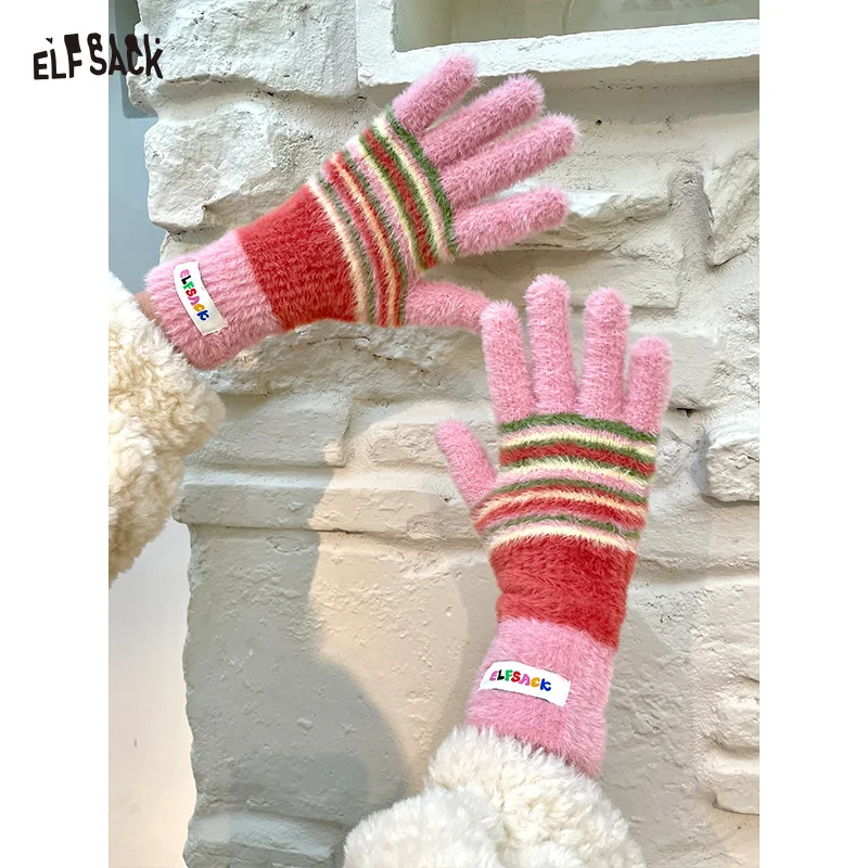

ELFSACK 2025 Winter New Arrivals Y2K Cute Casual Striped Warm Finger Gloves For Women