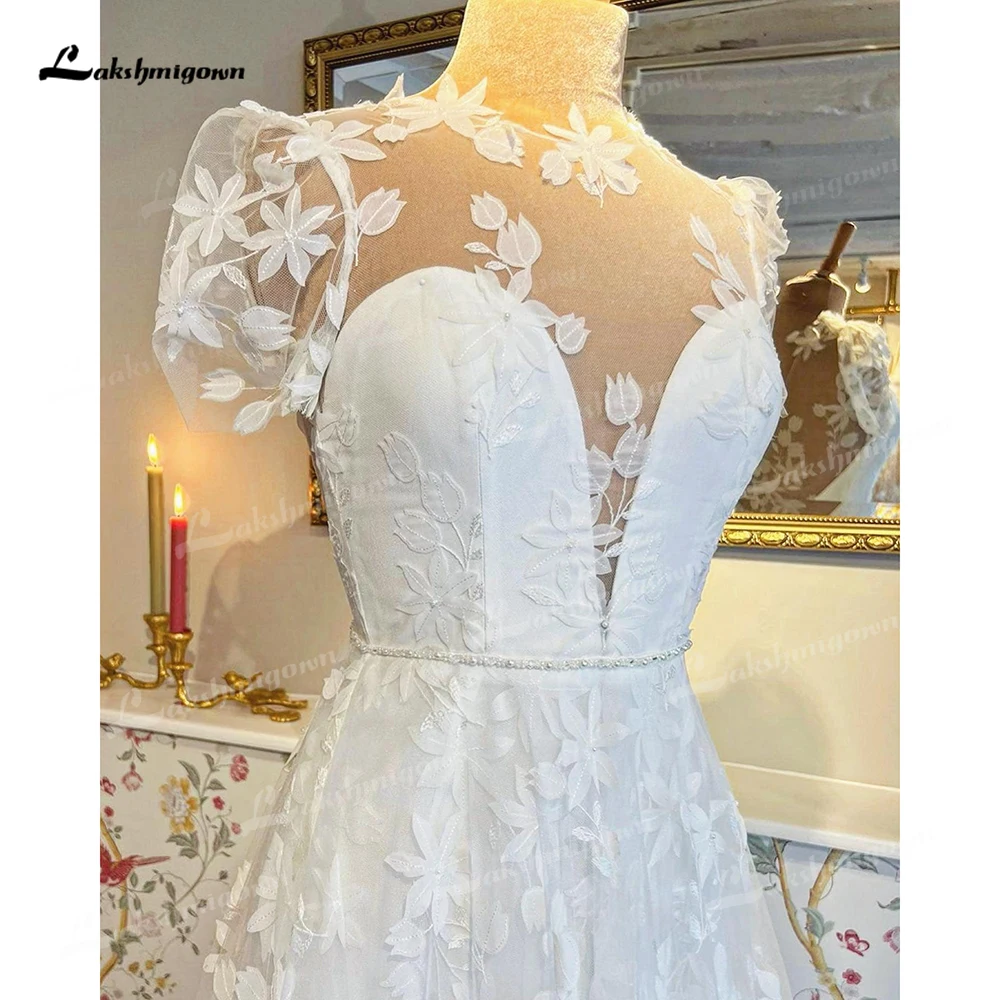 Robe De mariée trapèze en dentelle, élégante, col rond, manches courtes bouffantes, style Boho, 2023