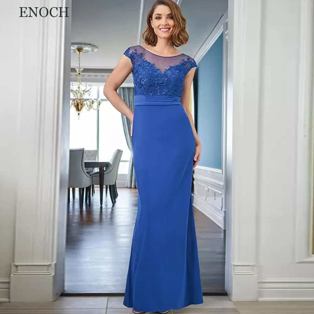 ENOCH Classic o-collo sirena madre della sposa abiti in pizzo Appliques maniche ad aletta Sweep Train abiti da festa muslimatexatextial guads