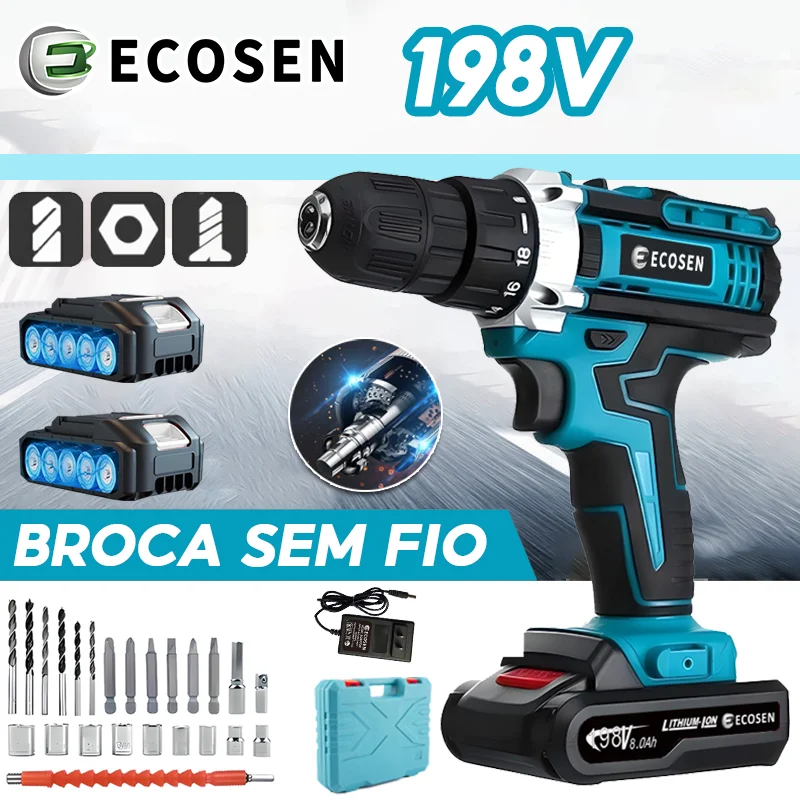 Furadeira Parafusadeira de Impacto 3 Funções 21V Bateria 6500mAh Kit Completo em Maleta Plástica