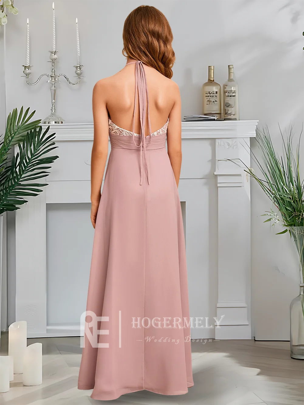 NYJ Designer A-Line Junior Bridesmaid Dress Twilight Rose Flower Girl Dress Halter Neck Chiffon Lace Floor-Length Garden Gala