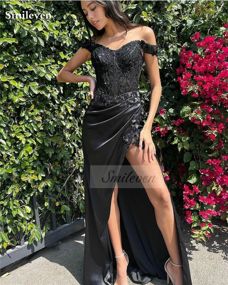 Smileven Lace Black Mermaid Evening Dresses Appliqued Off The Shoulder Prom Dress High Side Split Party Gowns 2024