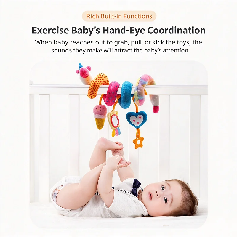Baby Unicorn Stroller Rattle Toy, Crib Hanging Plush Mobile with Colorful Tags, Crinkle , Mirror & Teether, Newborn Sensory Gift