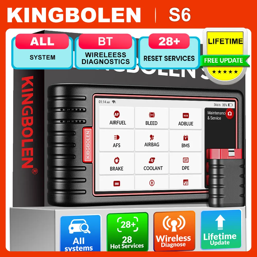 Kingbolen S6 OBD2-scanner, Bluetooth Alle systeemcodelezer Autodiagnosetool, Auto-VIN 28+ Onderhoud SAS/BMS/TPMS Scantool