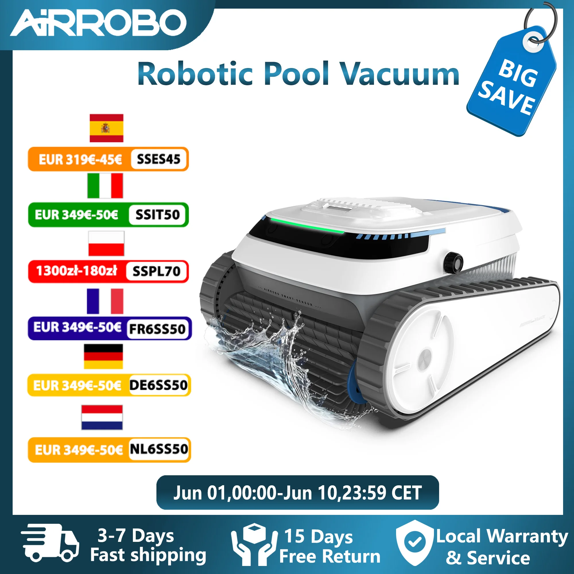Robot nettoyeur de piscine intelligent AIRROBO PC10 - Autonomie de 120 minutes, escalade des parois, nettoie les sols/les parois/la ligne de flottaison pour les piscines enterrées et hors sol