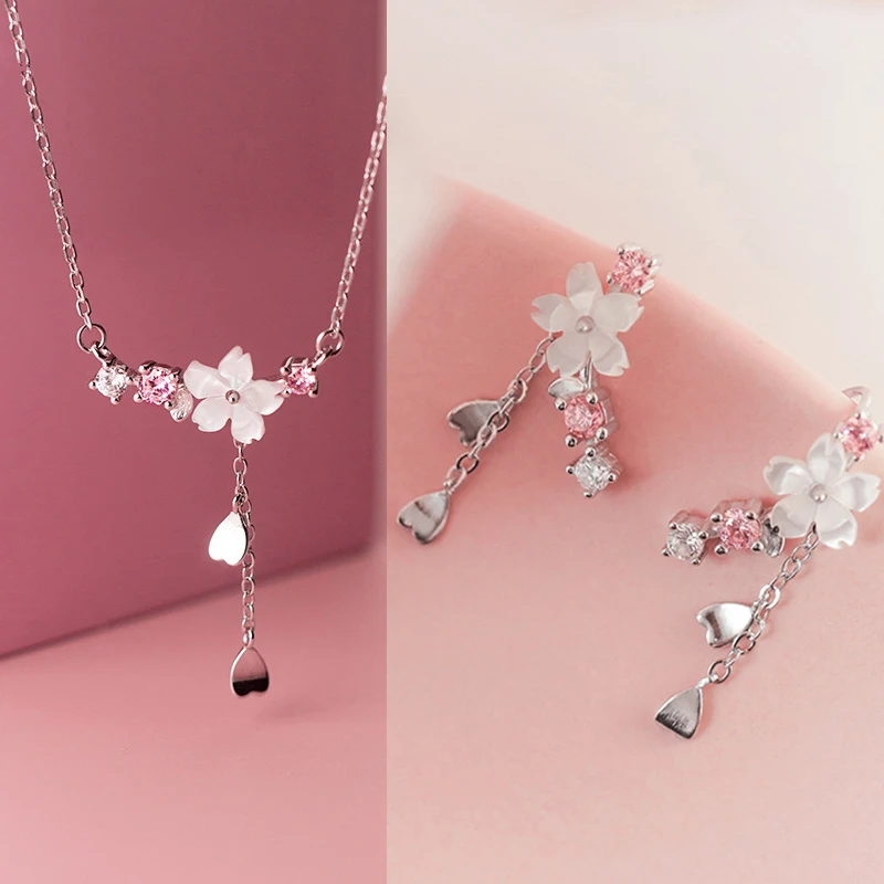 Romantic Pink Cherry Blossom Clavicle Chain Jewelry Set For Women Elegant Sweet Rose Flower Necklace Earrings Set Wedding Gift