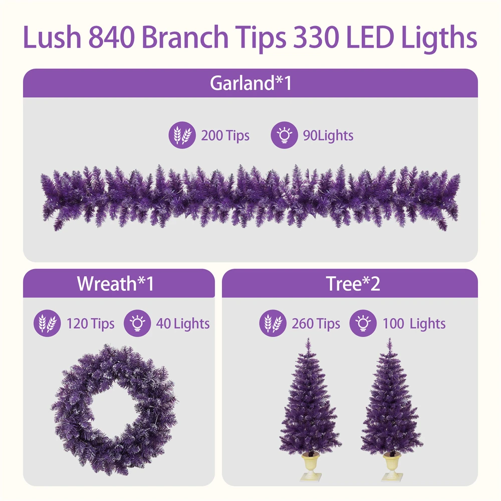 Christmas Artificial Tree 4-Piece Set, Garland, Wreath and Set of 2 Entrance Trees, X-mas with LED Lights, Christmas tree