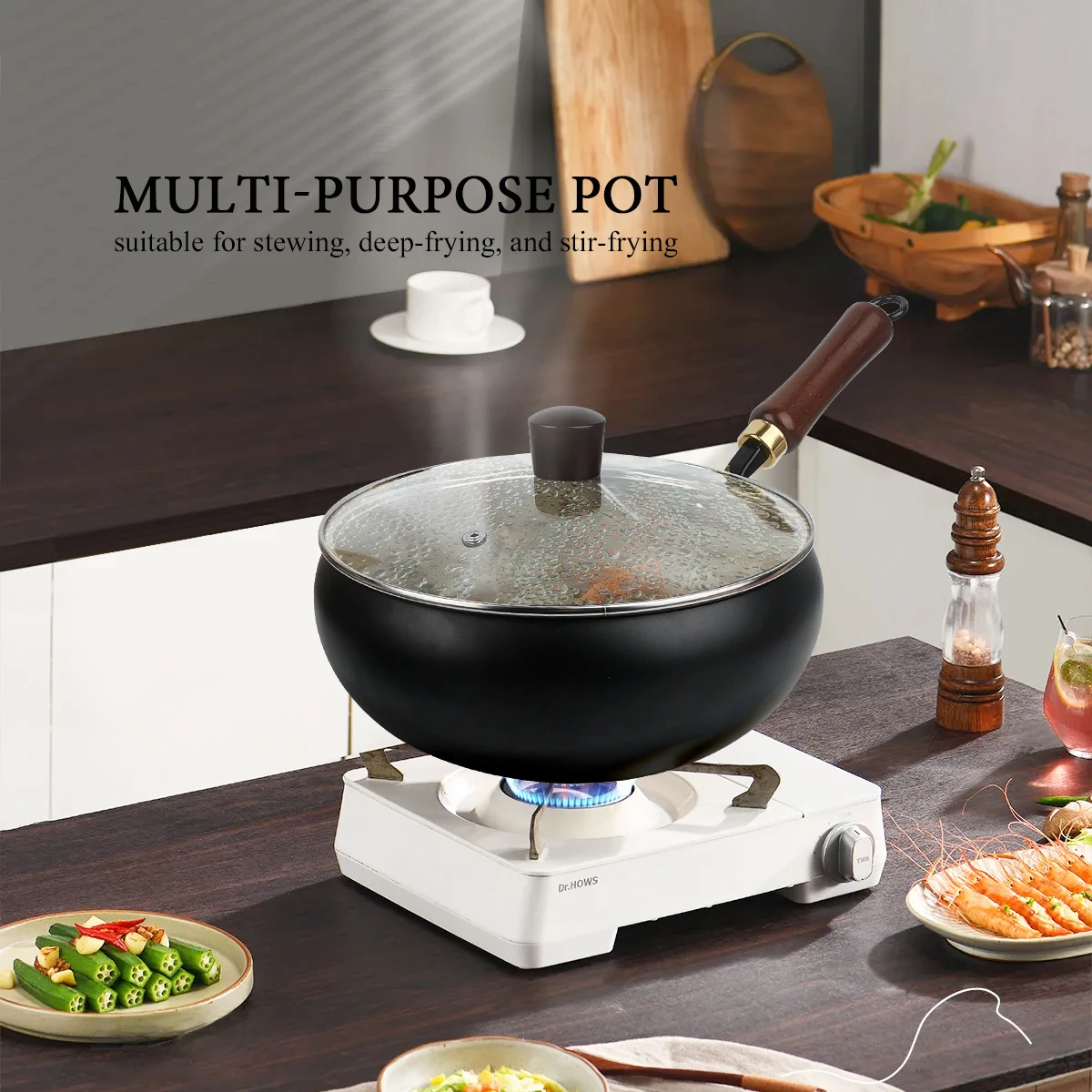 

4L Large Capacity Wok with Lid, Iron Deep Frying Pot with Wooden Handle Suitable for Stew,Stir,frying,Easy to Clean,Home Cooking