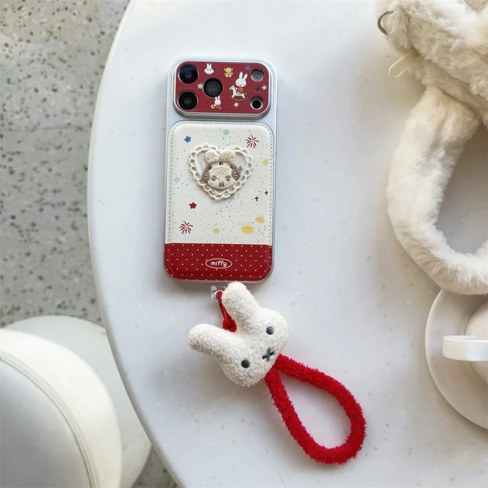 

Korean Embroidered Miffy Bunny Phone case for iPhone 17Pro 16 13 14 15 16 Pro Max Funda With Plush Pendant Cute Shockproof Cover
