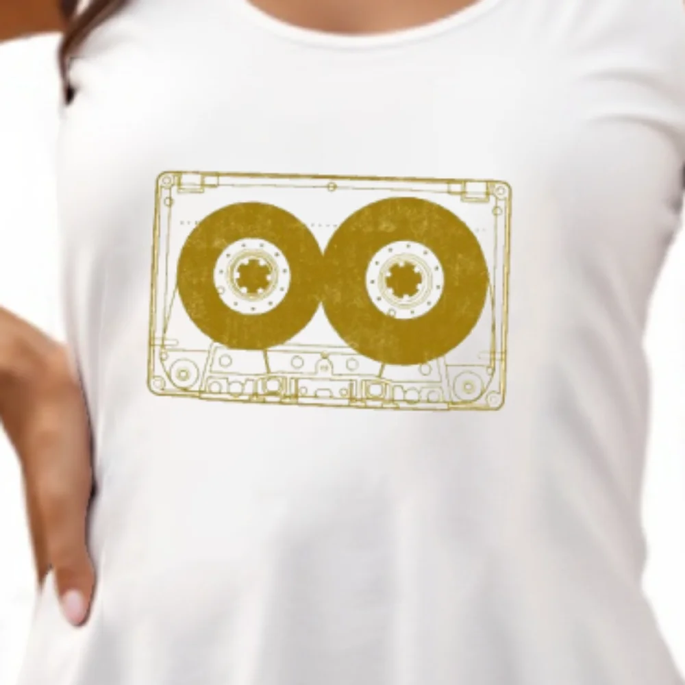

Gold Cassette Tank Top Vintage Music Print Casual Loose Sleeveless Shiny Retro Style Trendy Design Summer Fashion Must Have