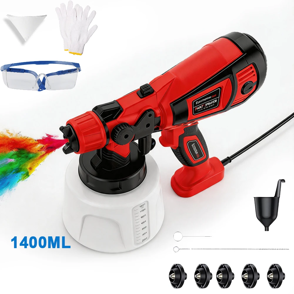 Pistolet de peinture 650W avec grand réservoir de 1400 ml, 6 buses en cuivre de 0,8-2,5 mm, atomiseur électrique HVLP pour peinture de murs, armoires, clôtures, contrôle du débit réglable, kit