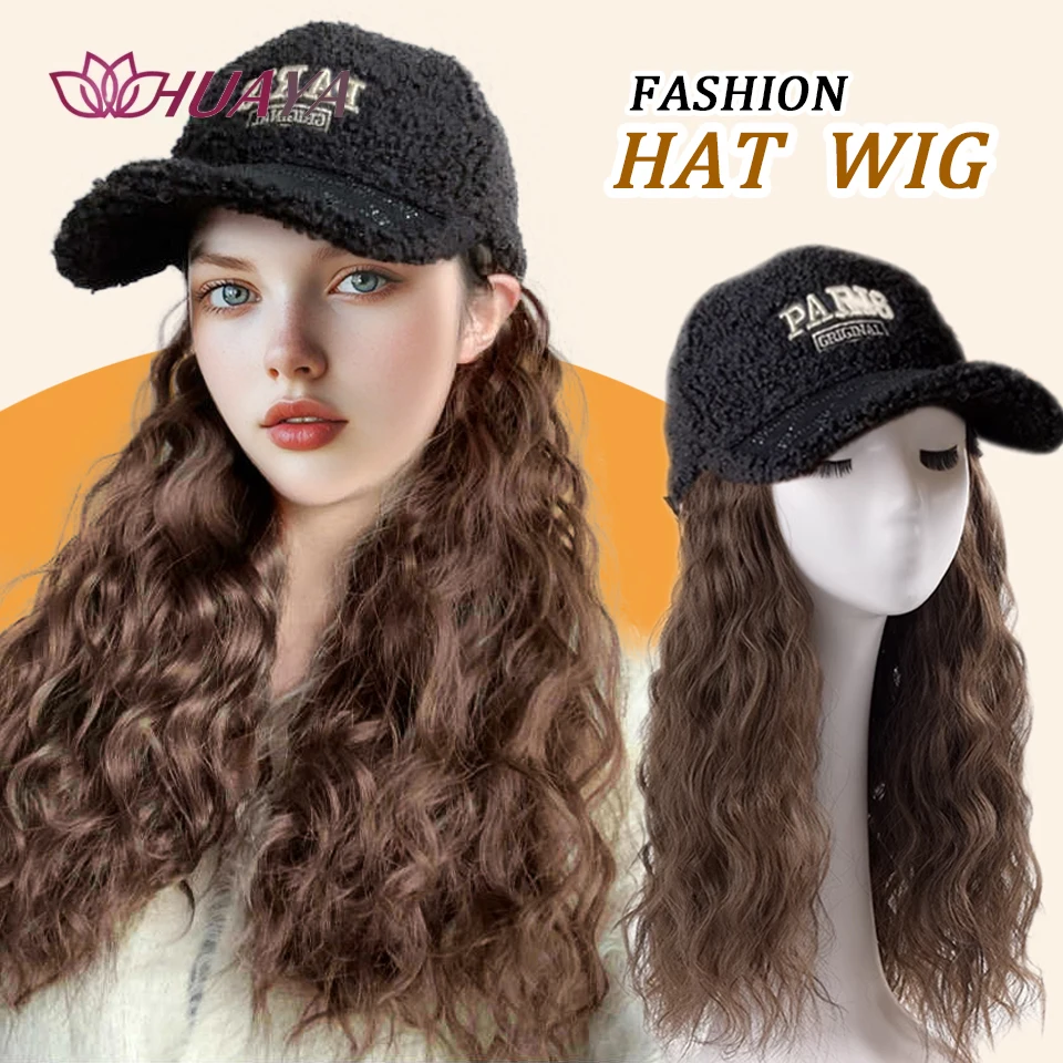 Hat with Wig For Women Winter Black Baseball Cap Hair Extension Synthetic Long Corn Curly Wigs Connect Hat Daily Party Fake Hair