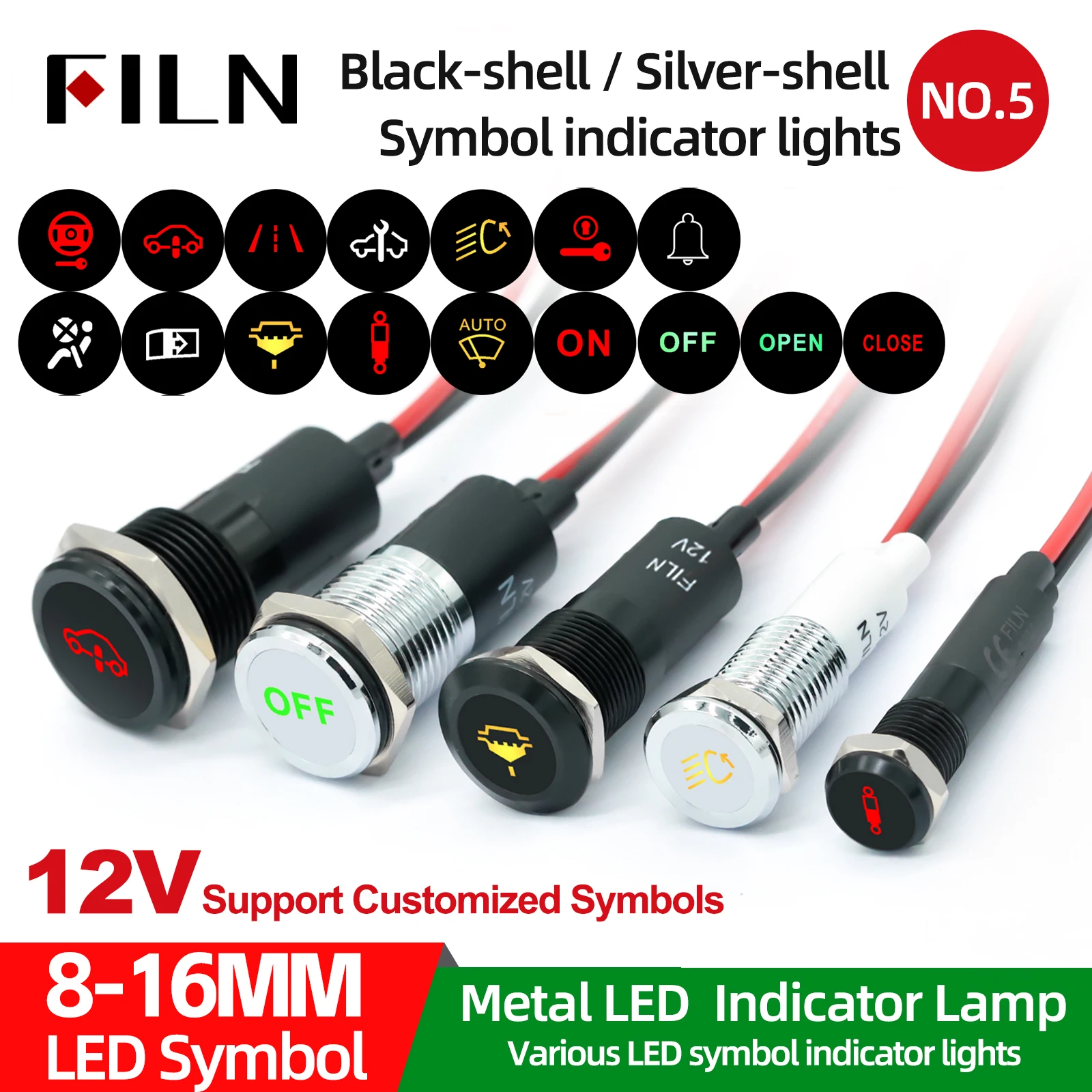 8mm 10mm 12mm 14mm 16mm LED Metal Pilot Lights 12V with Wire Symbol Design for Car Dashboard Truck Machinery Industrial Control
