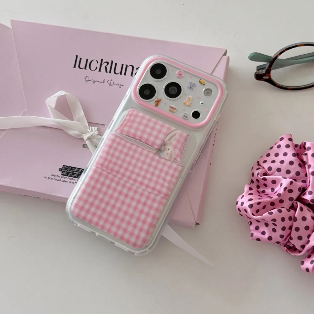 Korean INS Pink Plaid Sleeping Rabbit Print Phone Case For iPhone 17 Pro 16 Max 15 16 17 Pro Max 15Pro Cute Girly Anti-Fall Case