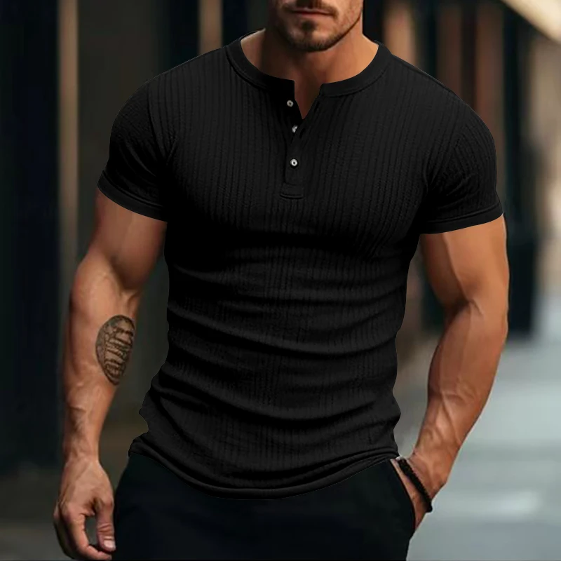 2024 Summer New Men V-neck Henley Shirts Soild Color Men\'s Fashion Vintage Button-Down Short Sleeve T Shirt Men Tees Tops