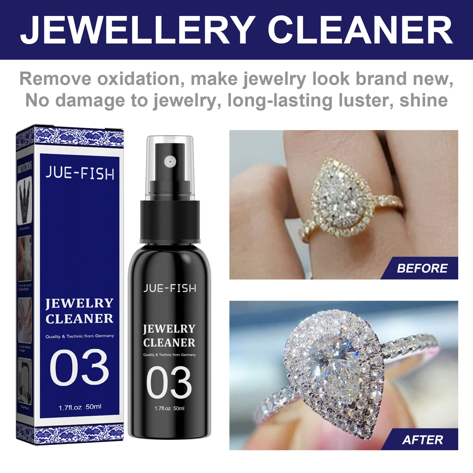 Jue Fish 50ml Jewelry Cleaner Solution Spray Gold Watch Cleaning Anti Tarnish Polish Clean Rust Remover Jewelry Stain-Free Spray