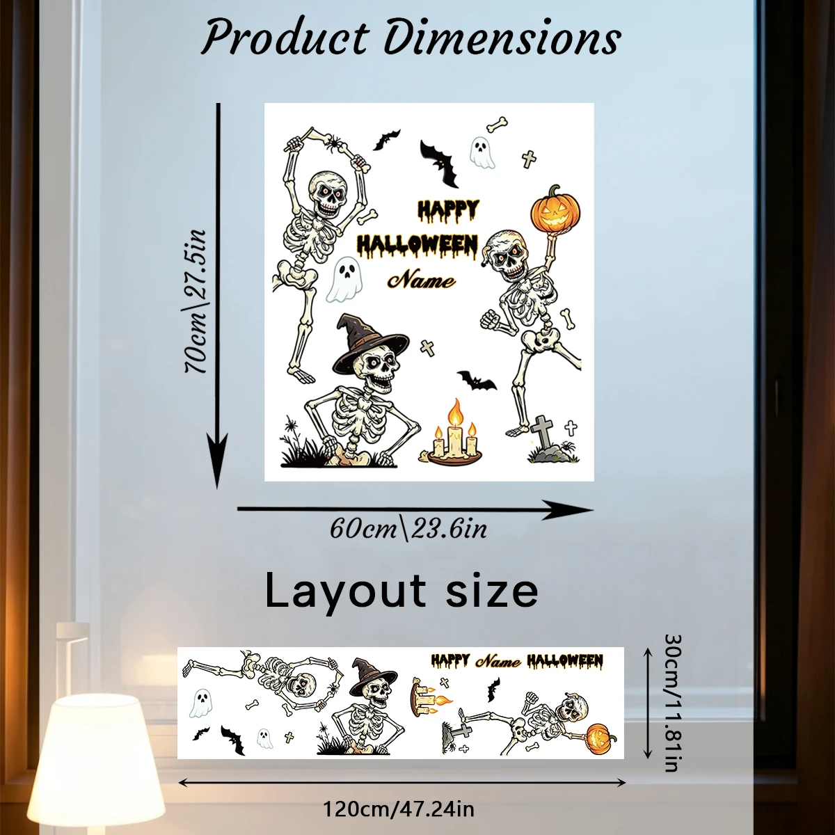 Personalized Dancing Skeletons Halloween Window Wall Decal, Custom Name Funny Skull Pumpkin Ghost Bat Removable Vinyl Sticker.