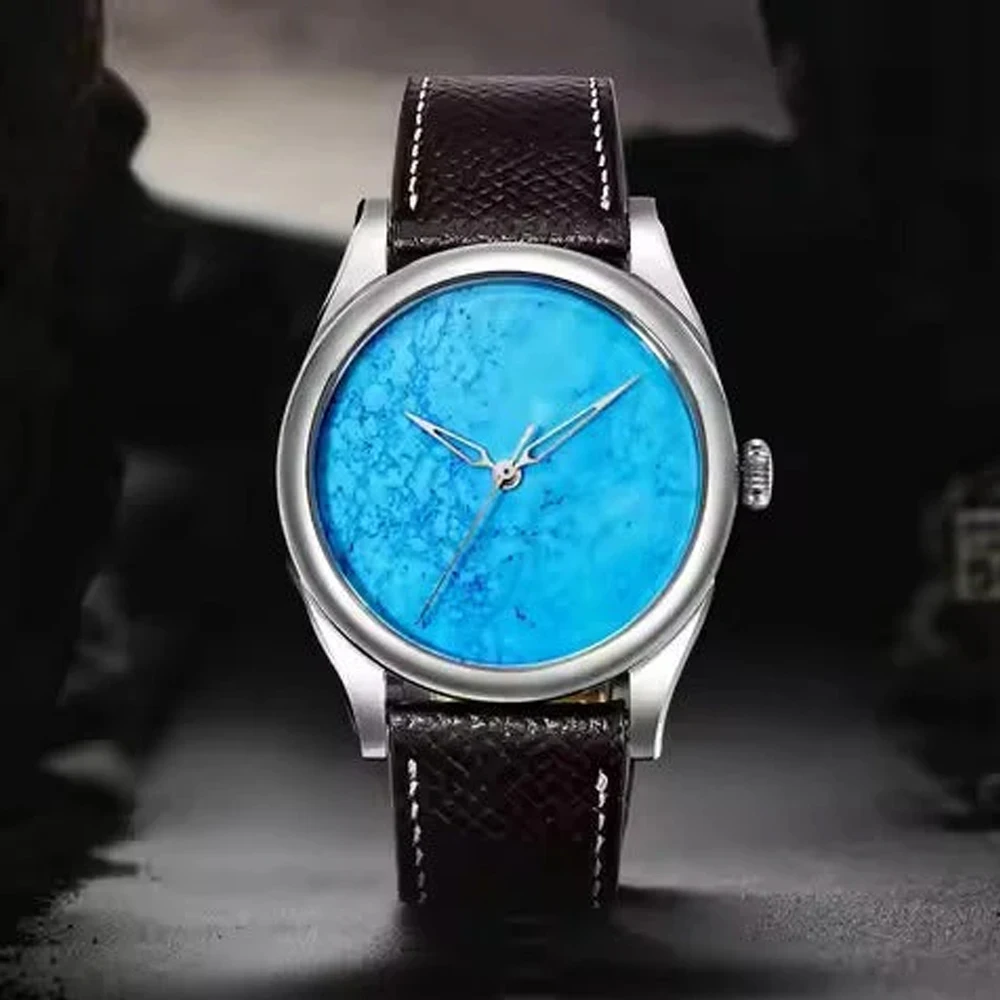 HuaSuo 38mm Men Watch Luxury Business Tiger Eye Stone Dial Watches PT5000 Automatic Mechanical Stainless Steel Wristwatch