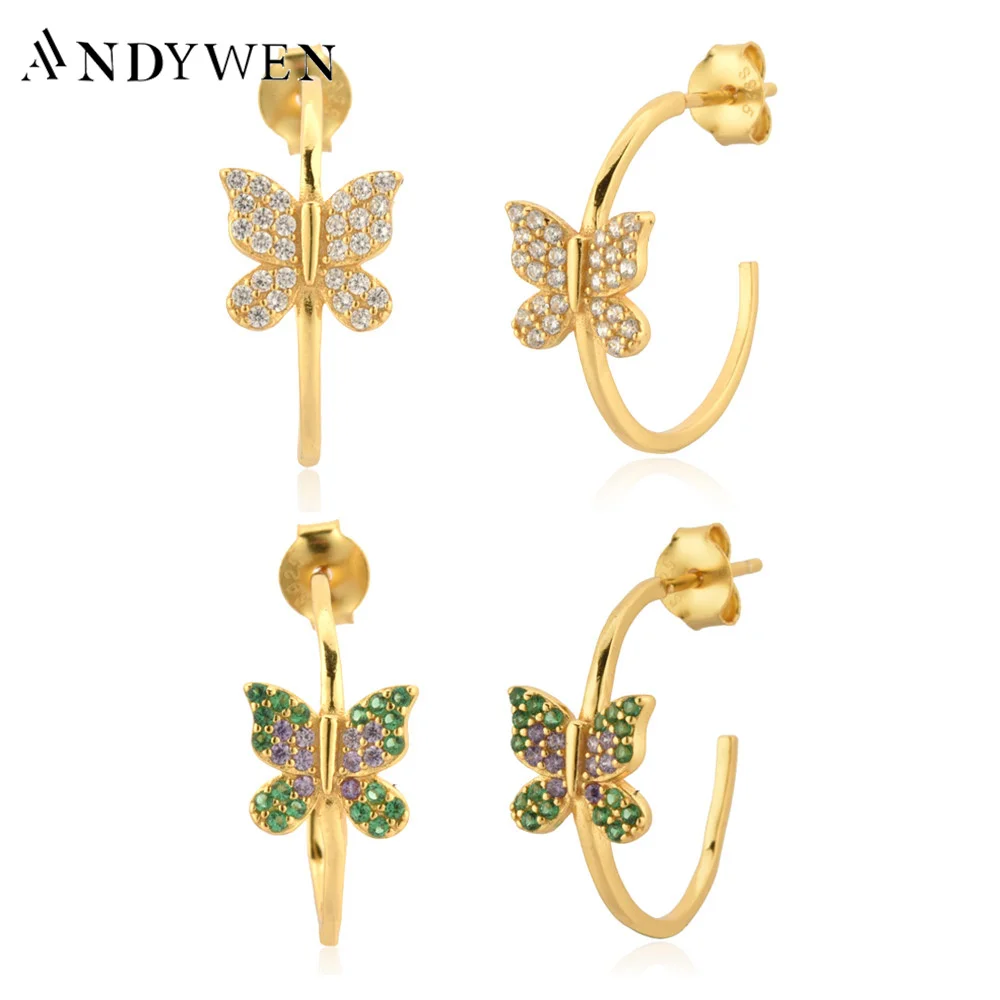 ANDYWEN 925 Sterling Silver Gold Spring Rainbow Butterfly Hoops 17mm Piercing Pendiente Clips Wedding Gift Rock Punk Loop Gift