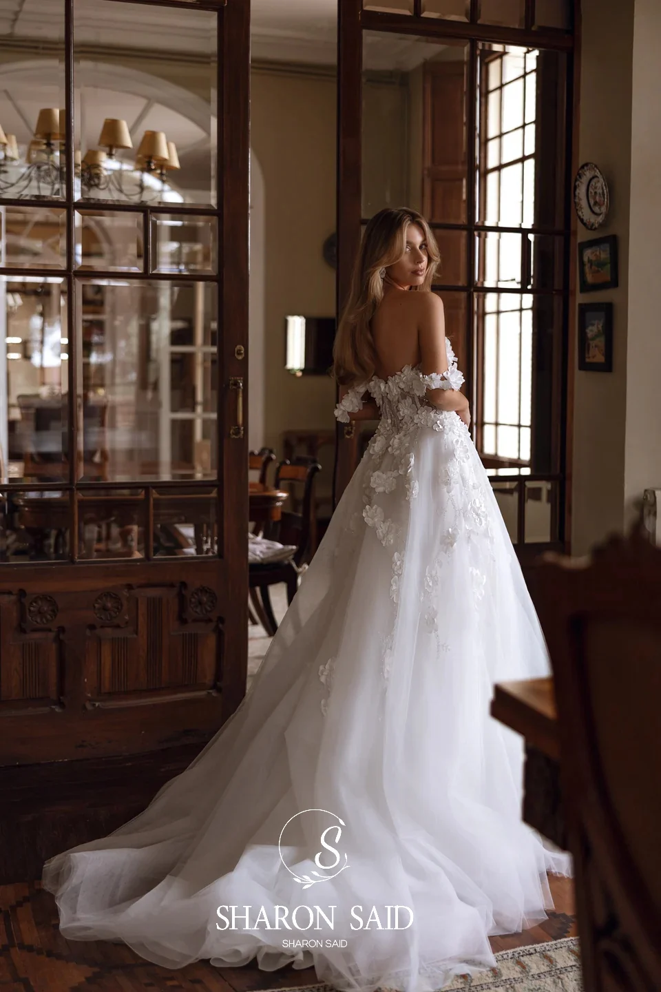 Sharon disse 2025 glamourosa 3d flores tule branco vestido de casamento fora do ombro a linha querida vestidos de noiva sw391 personalizado