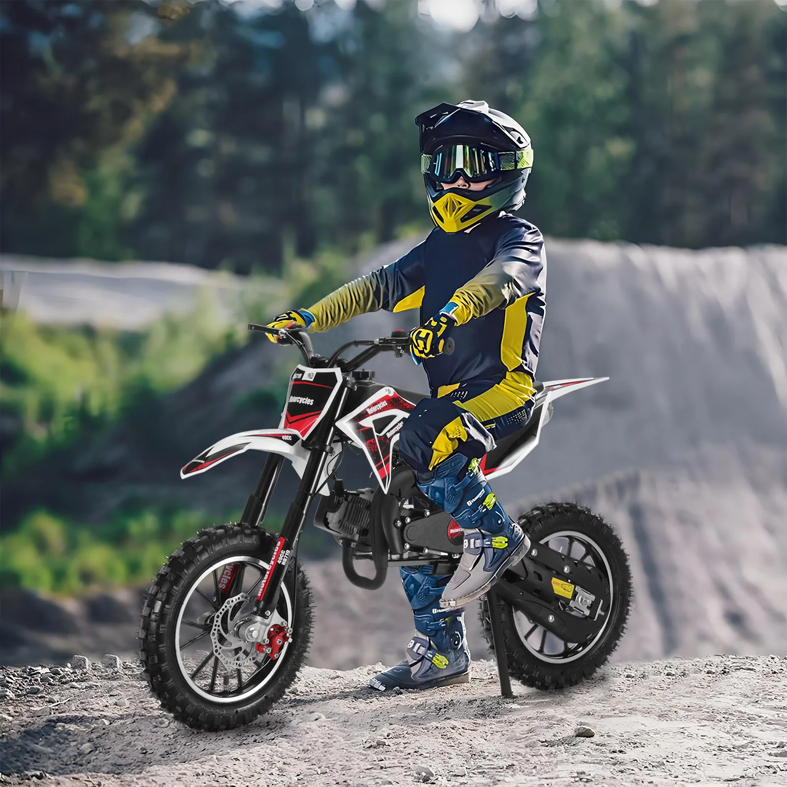 Mini moto tout-terrain pour enfants, freins à disque avant et arrière, motocross à essence, noir, 2 temps, 49cc, D343